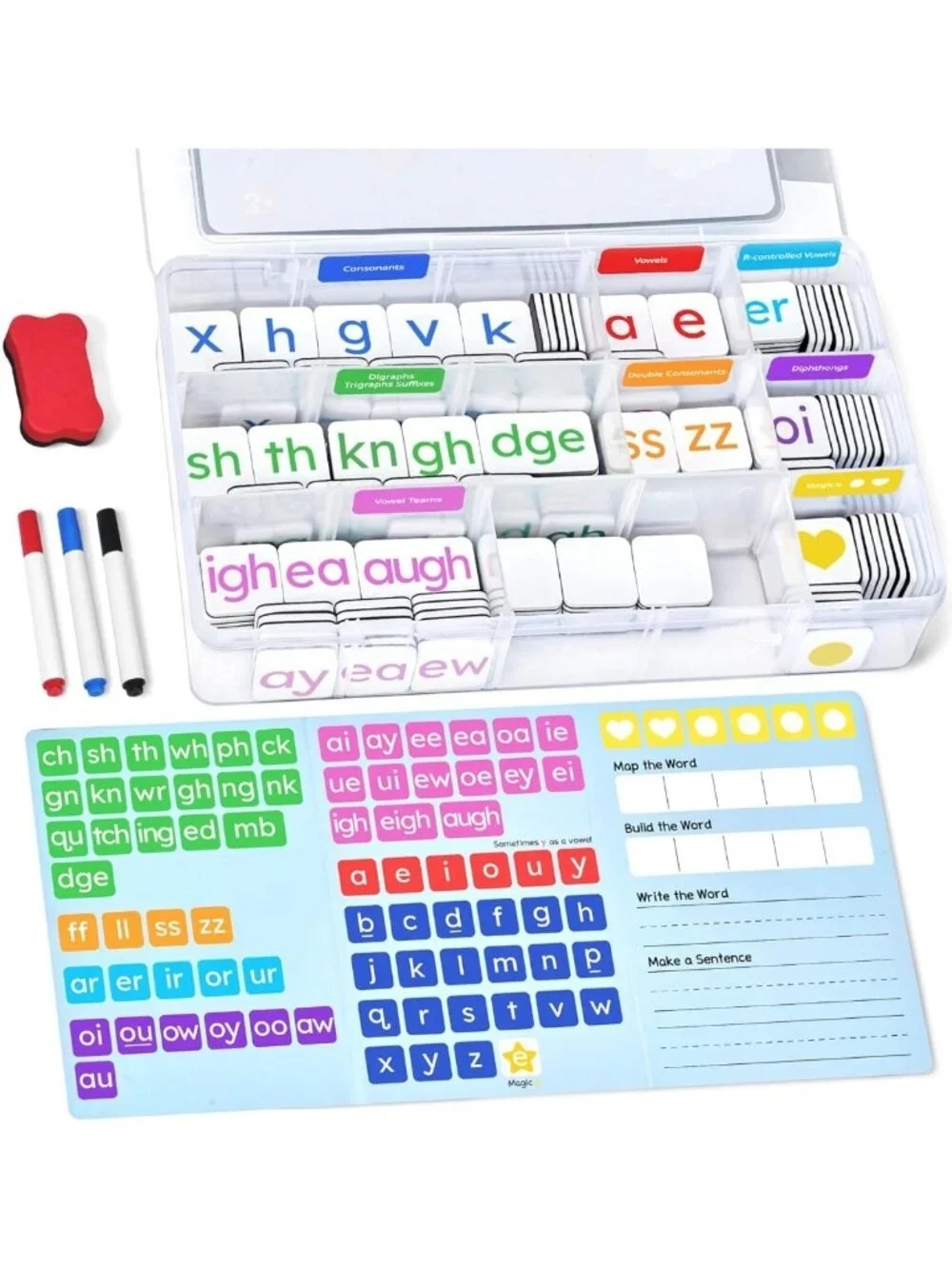Magnetic Phonics Letter Tiles Set - ABC Reading Games, Word-Building & Storage